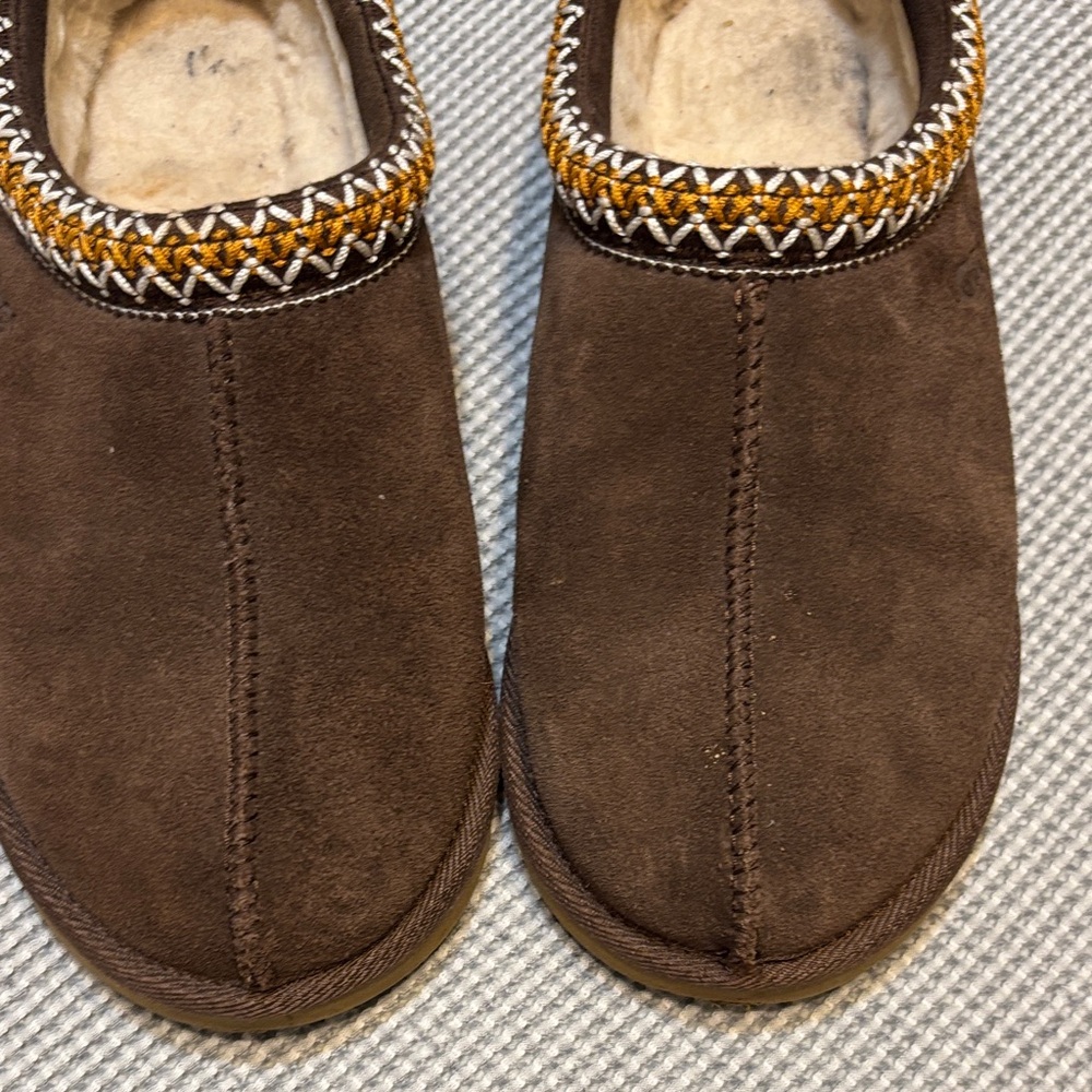 Ugg womens Brown Suede Slip-On Cozy Clog with Patterned Trim - Picture 7 of 11